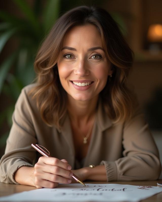Portrait of Elara Vance, founder of Quiet Quill, smiling gently while holding a calligraphy pen.