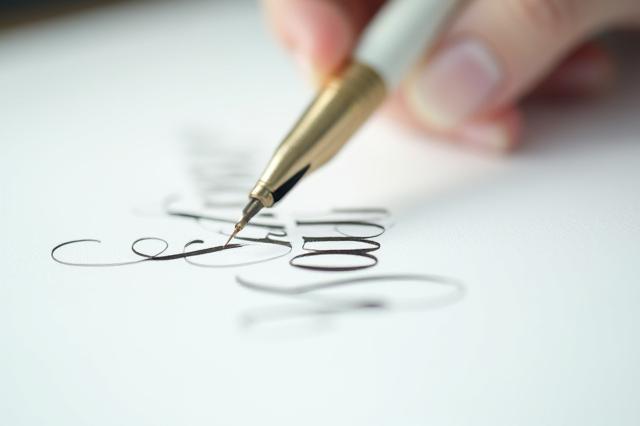 Elegant copperplate script being written with an oblique pen, showing fine lines.