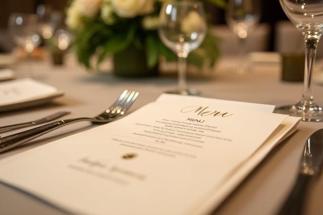 Elegant event table setting with custom hand-lettered place cards and menu, hinting at sophistication.