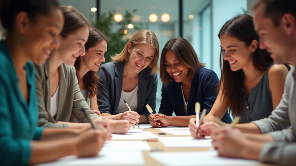 Team working together on calligraphy during a corporate workshop, smiling and collaborating.