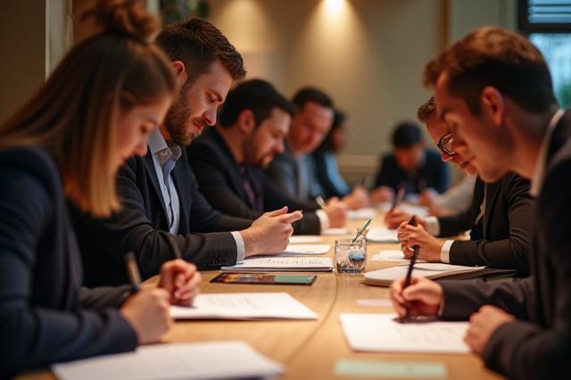 Group of professionals engaged in a calligraphy team-building workshop, focused and artistic.