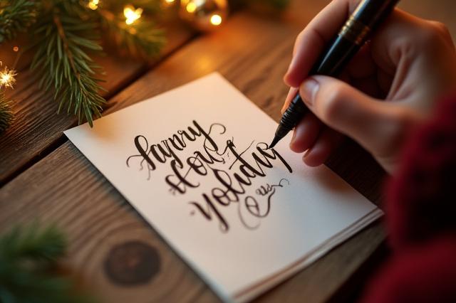 A hand calligraphing a holiday greeting card with festive decorations.