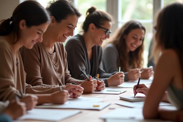 Happy people learning calligraphy in a workshop