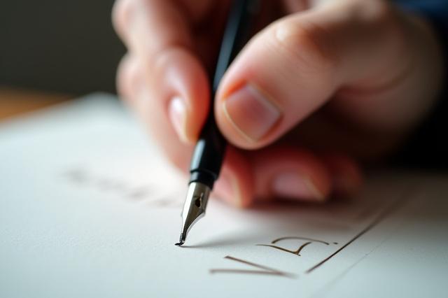 A calligrapher's hand holding a pointed pen, ink on paper.