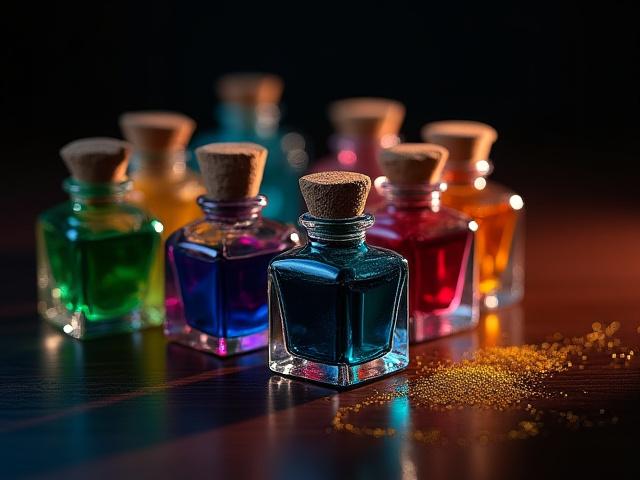 A collection of small glass bottles containing various colors of calligraphy ink, meticulously arranged on a sophisticated dark surface.