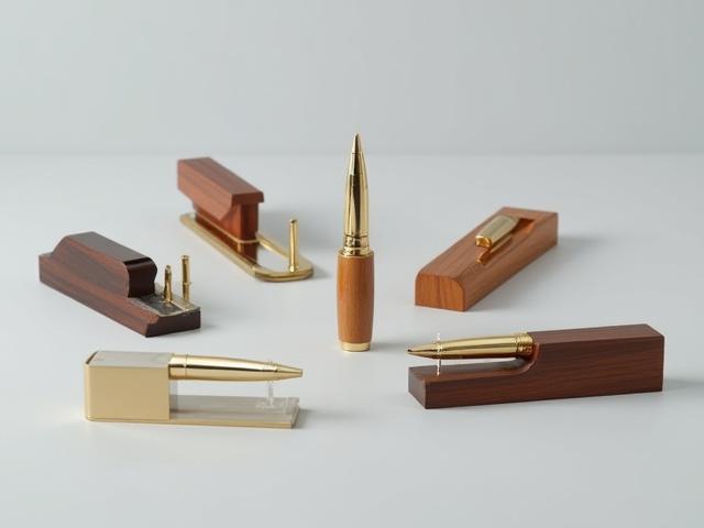 A variety of ergonomic calligraphy pen holders crafted from different woods and materials, displayed elegantly against a clean background.