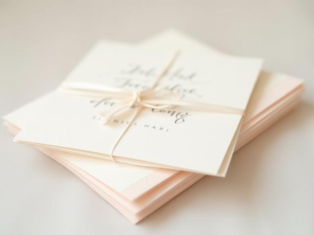 A stack of custom hand-lettered greeting cards with personalized messages and intricate designs, tied with a ribbon.