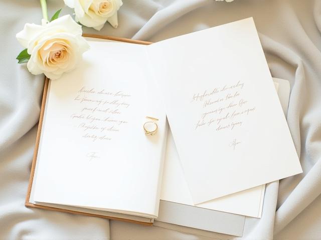 Open personalized vow books with elegant script on fine paper, nestled with a white rose on a wooden surface.