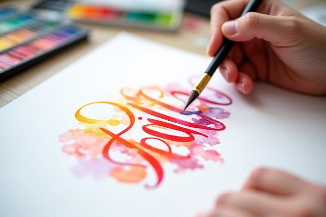 A colorful watercolor lettering piece being created, showing blending techniques.