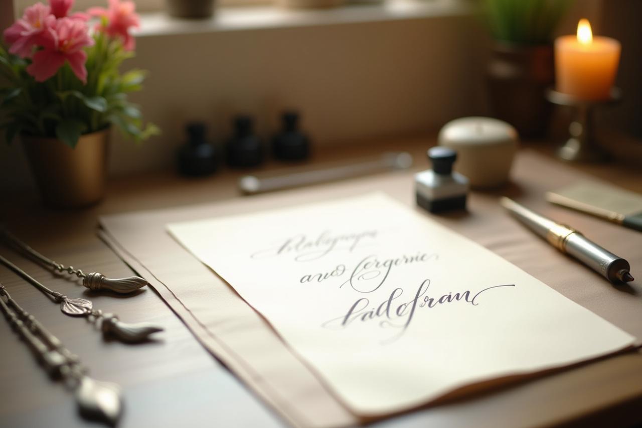 A beautifully arranged calligraphy workstation with natural light, showcasing nibs, ink, paper, and a practice sheet.